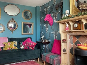 Televisión, chimenea, libros