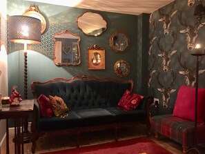 TV, fireplace, books