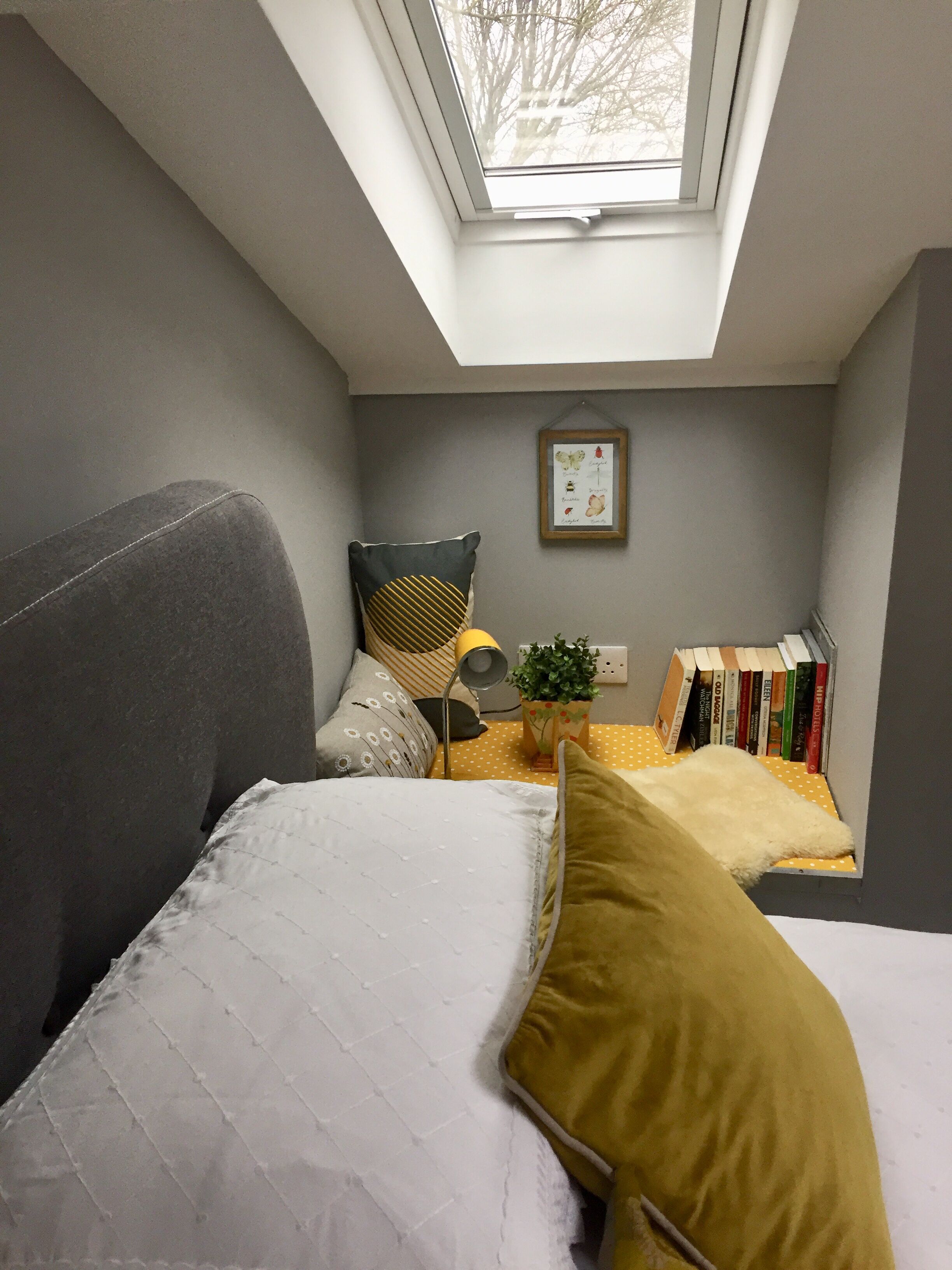 Un dormitorio con tragaluz, una cama con almohadas, una mesita de noche con lámpara, una planta en maceta y una estantería.