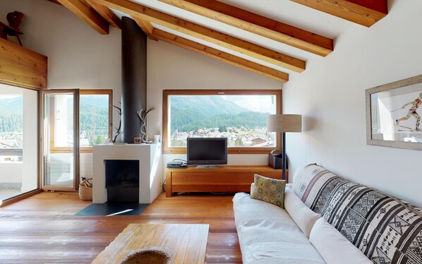 Télévision, cheminée, table de tennis de table, chaîne hi-fi