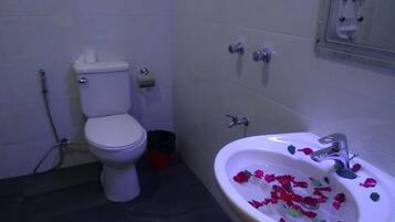 Ducha, secador de pelo, pantuflas, toallas