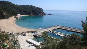 Una zona costiera con spiaggia sabbiosa, un porto turistico con barche e una collina boscosa sullo sfondo.
