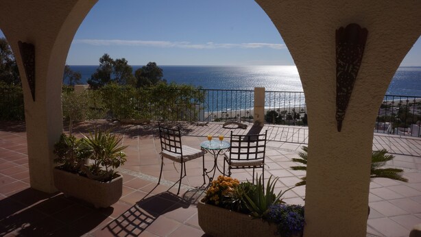 Una terraza con vistas al mar, que cuenta con mobiliario exterior y plantas en macetas.