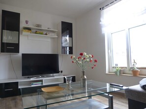 Una televisión de pantalla plana, una chimenea