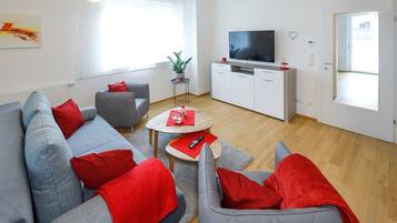 Una Smart TV, un reproductor de DVD, libros, una videoteca