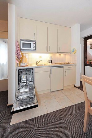 Fridge, microwave, dishwasher