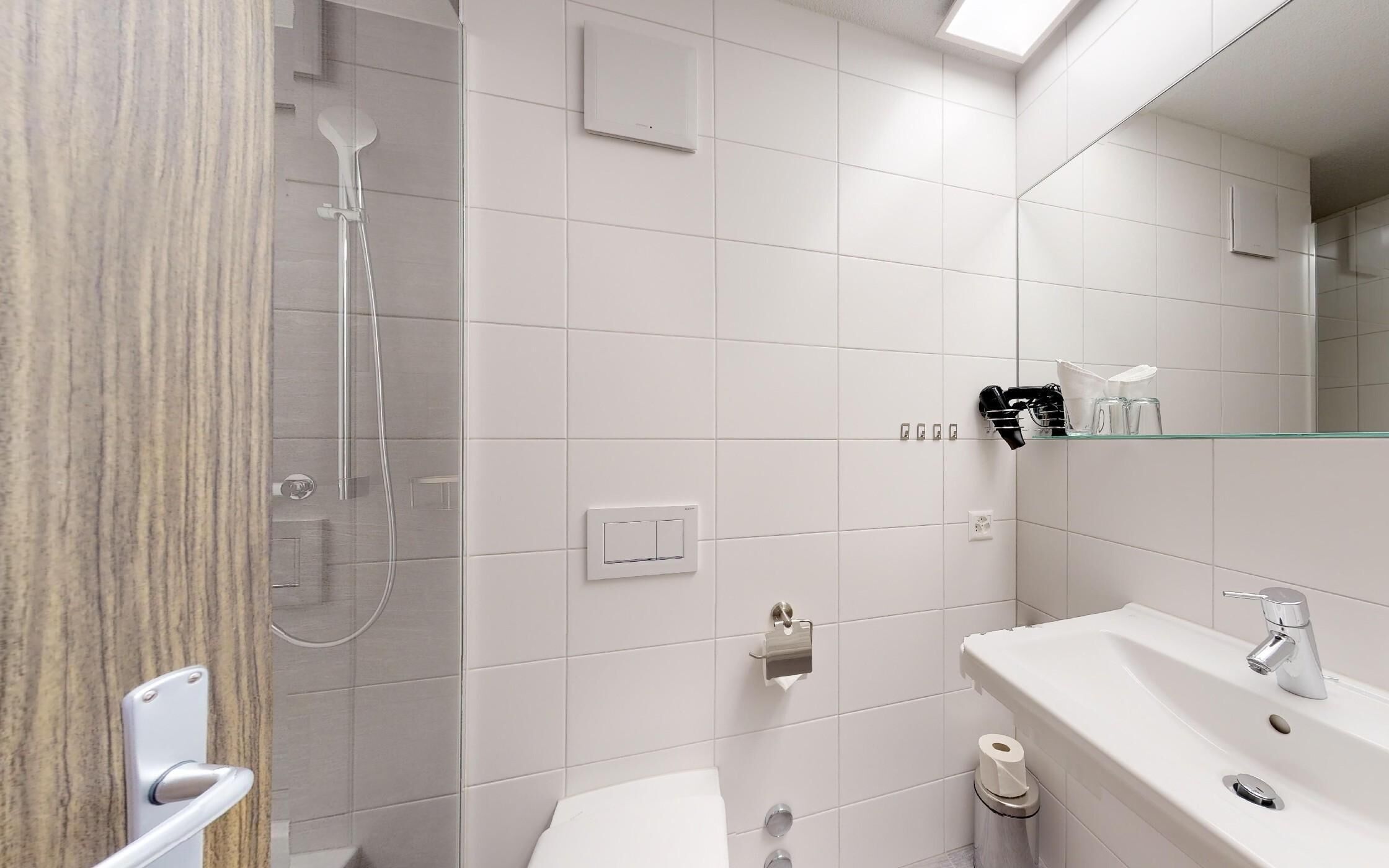 Ein modernes Badezimmer mit Dusche, Toilette, Waschbecken und Spiegel.