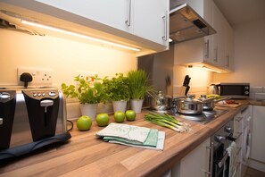 Departamento, varias camas (Apartment 2) | Cocina privada | Refrigerador, microondas, horno y parrilla de estufa 