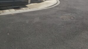 Una calle residencial con dos casas, una con garaje y la otra con entrada protegida por una reja.