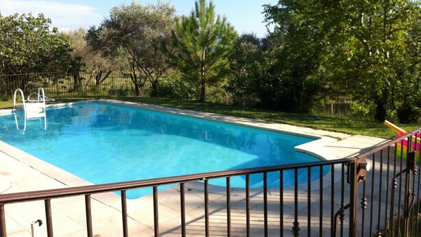 Una piscina rectangular amb una barana de metall de seguretat, envoltada d'una zona verda i arbres.