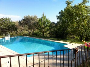 A rectangular swimming pool with a metal safety railing, surrounded by a grassy area and trees.