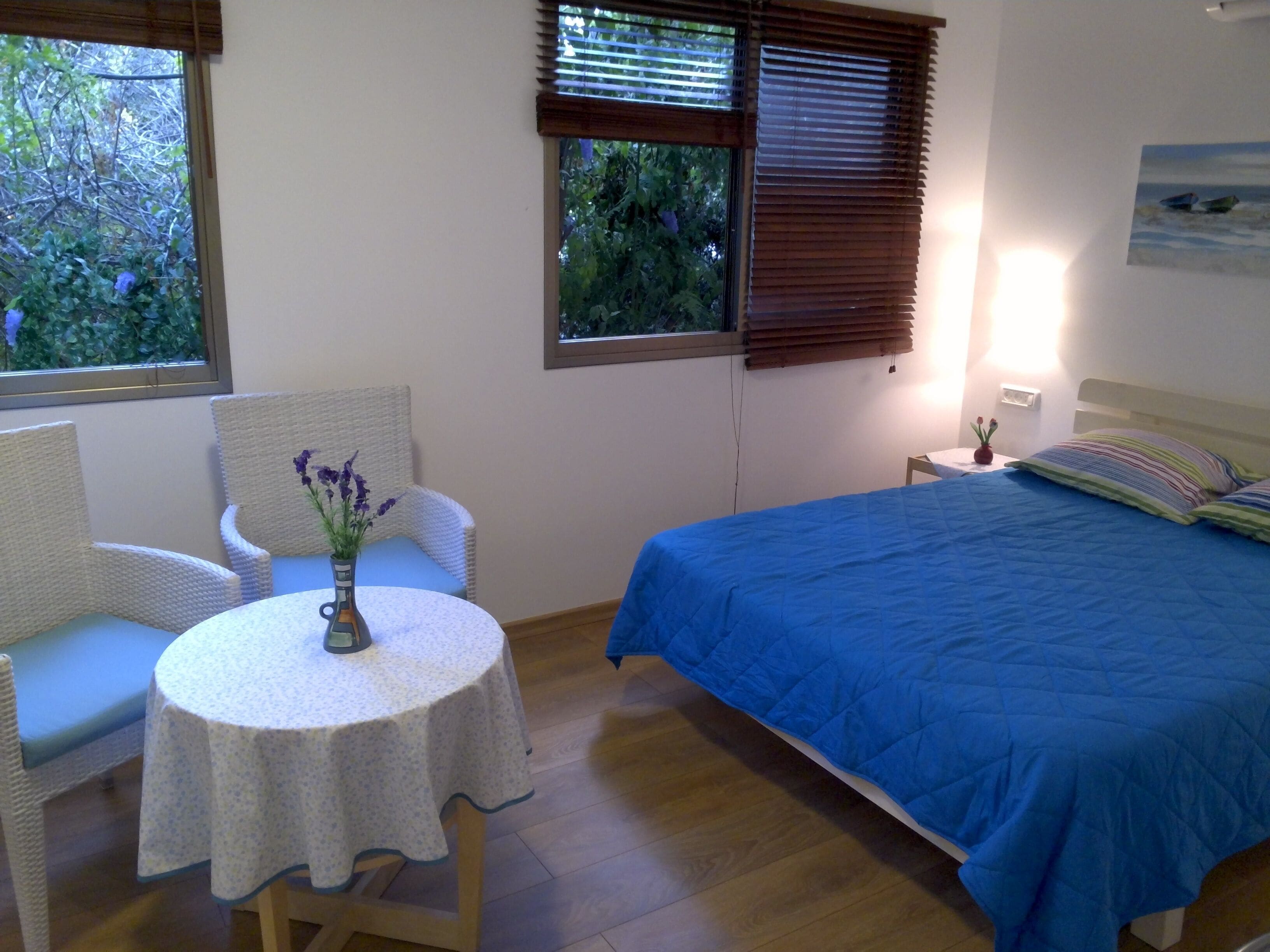 The blue unit.  double bed. Flat screen cable tv, Free wifi. 