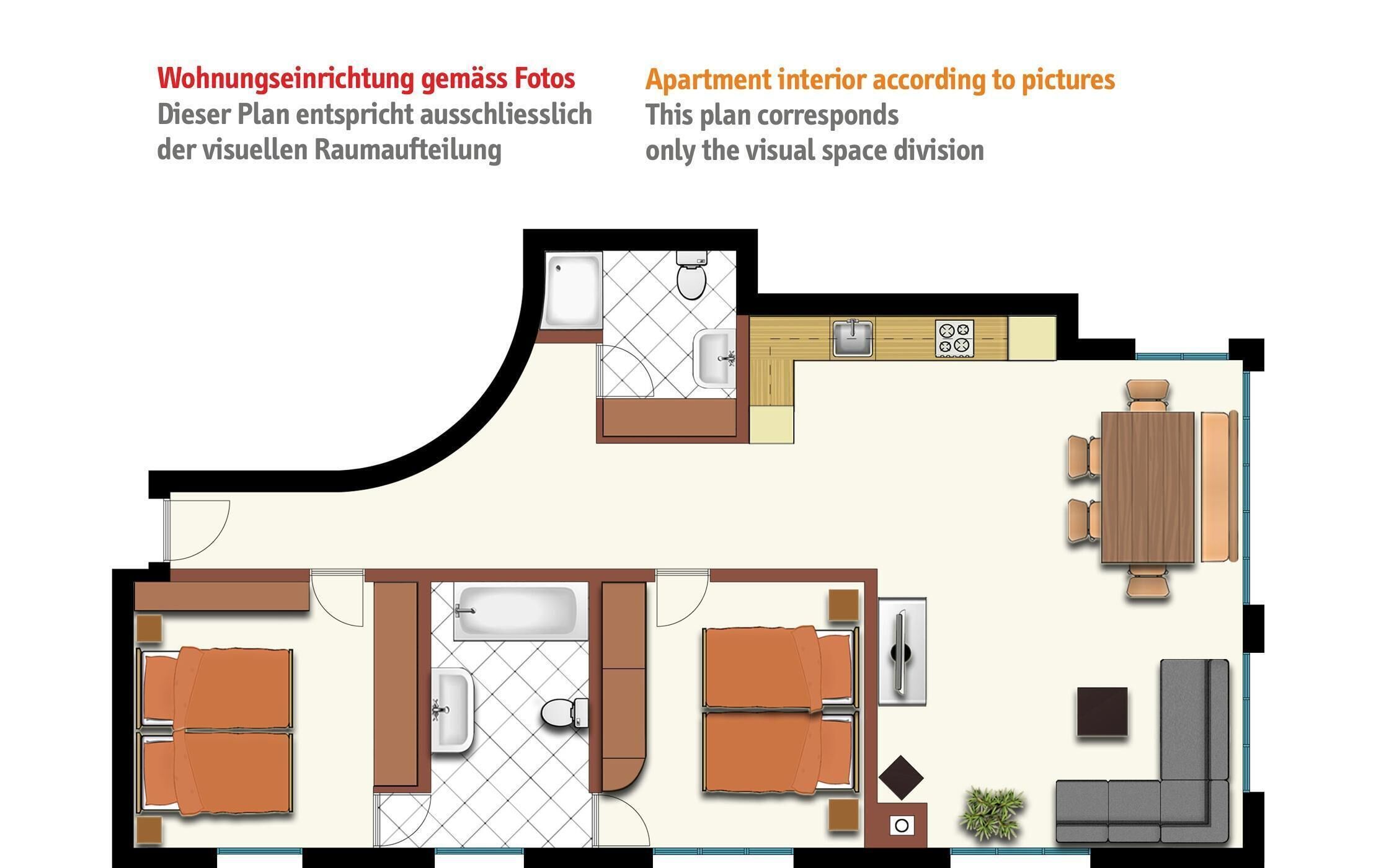 A floor plan of an apartment with a kitchen, dining area, two bedrooms, a bathroom, and a living room.