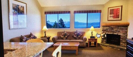 Flat-screen TV, fireplace