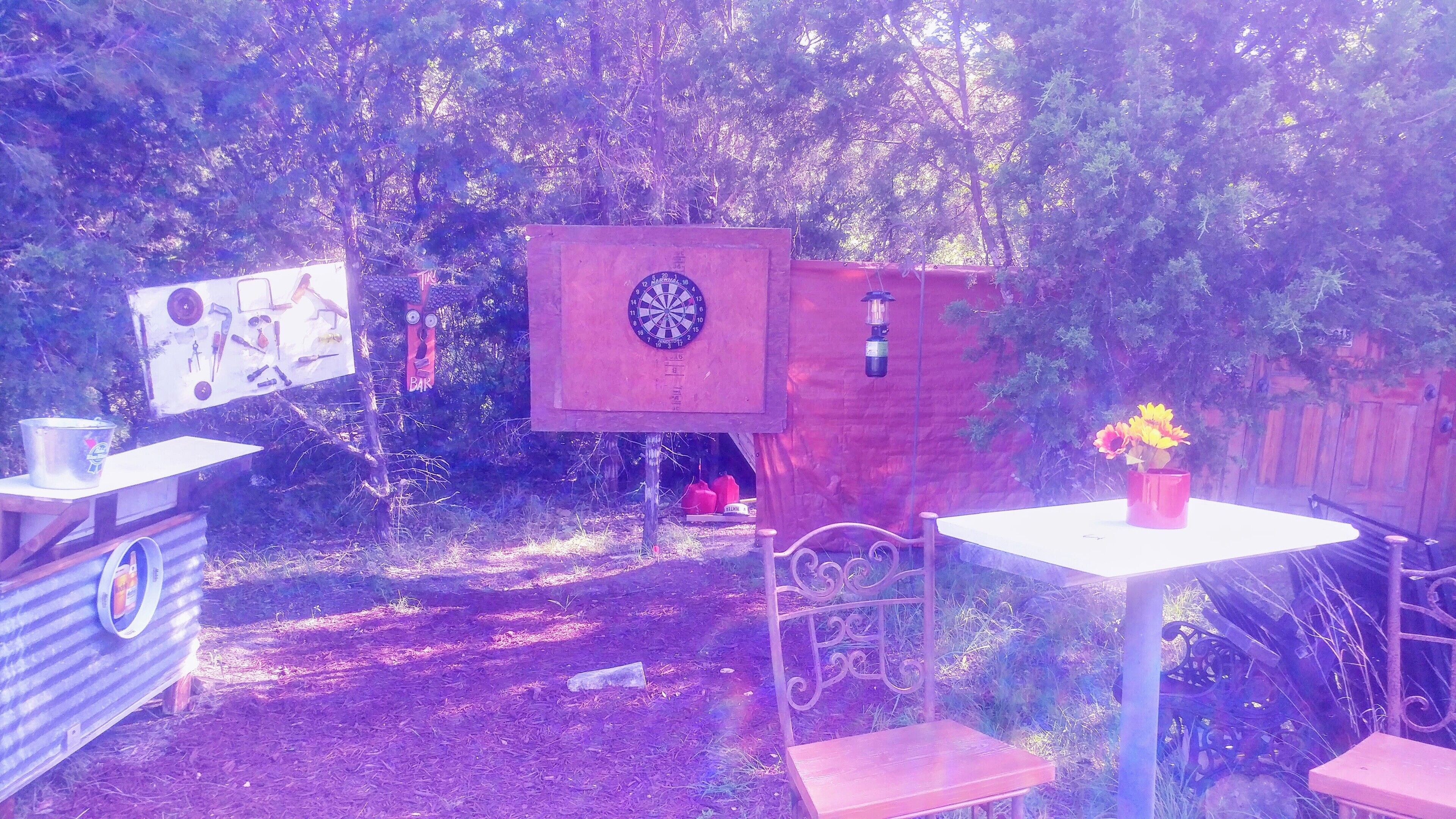 Un espace extérieur rustique comprenant un jeu de fléchettes, une structure en bois portant l’inscription « BAR » et une table agrémentée d’une plante en pot.
