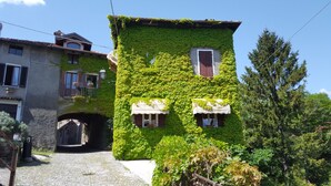Ein mit Efeu bewachsenes Gebäude, mit zwei Fenstern und weißen Fensterläden.