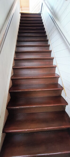 A wooden staircase with a handrail on the right side.