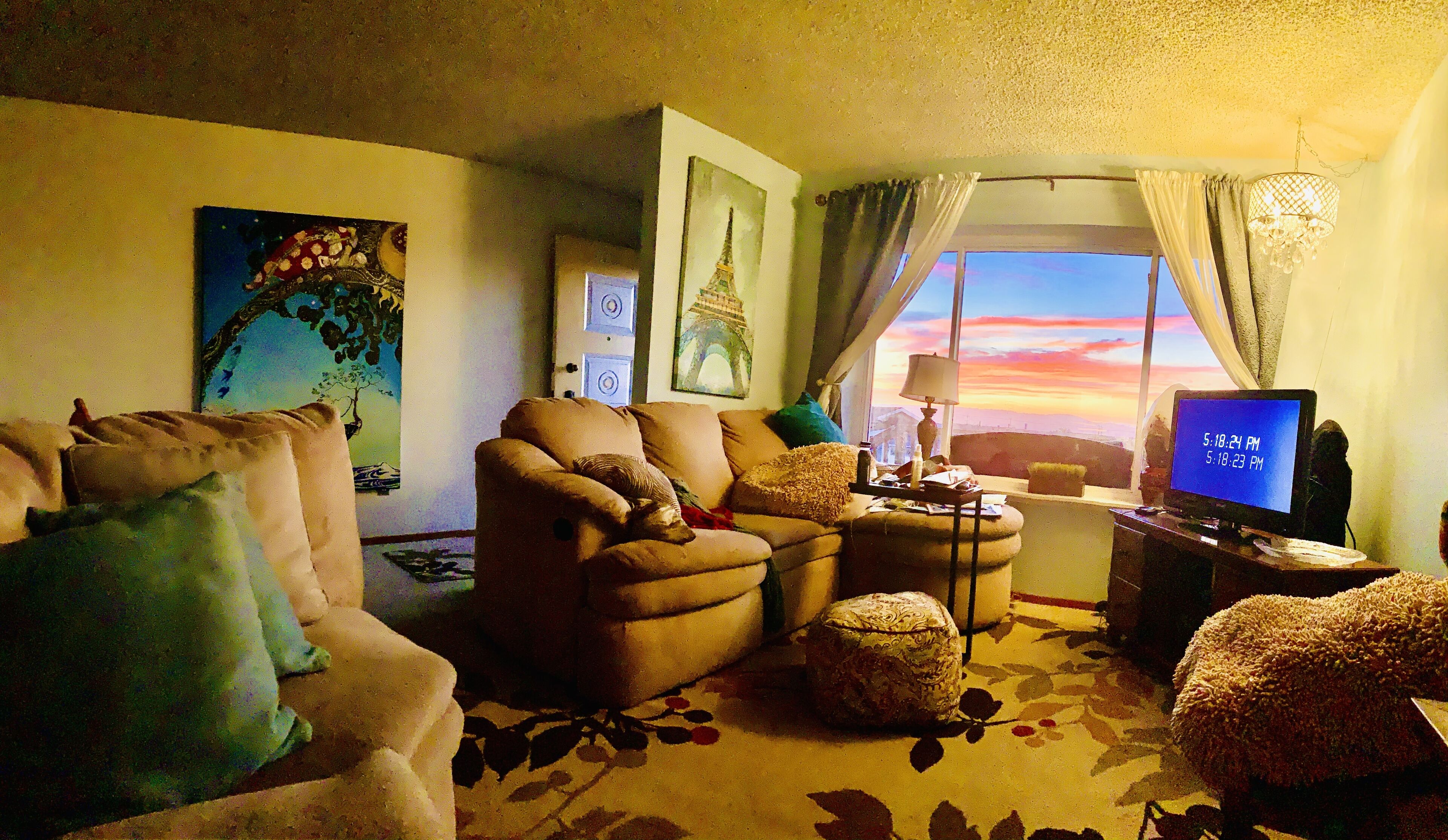 Sunny Comfy living rm: couch has both a recliner & sleeper plus the ocean views.