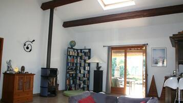 Télévision, cheminée, lecteur de DVD, table de tennis de table
