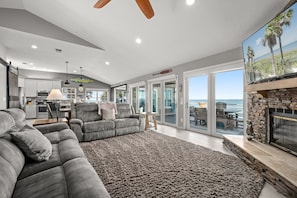 Smart TV, fireplace, video library