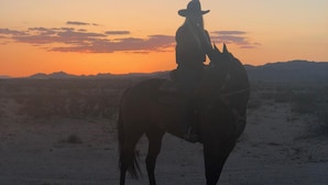Een paardrijder in een woestijnlandschap tijdens de zonsondergang.
