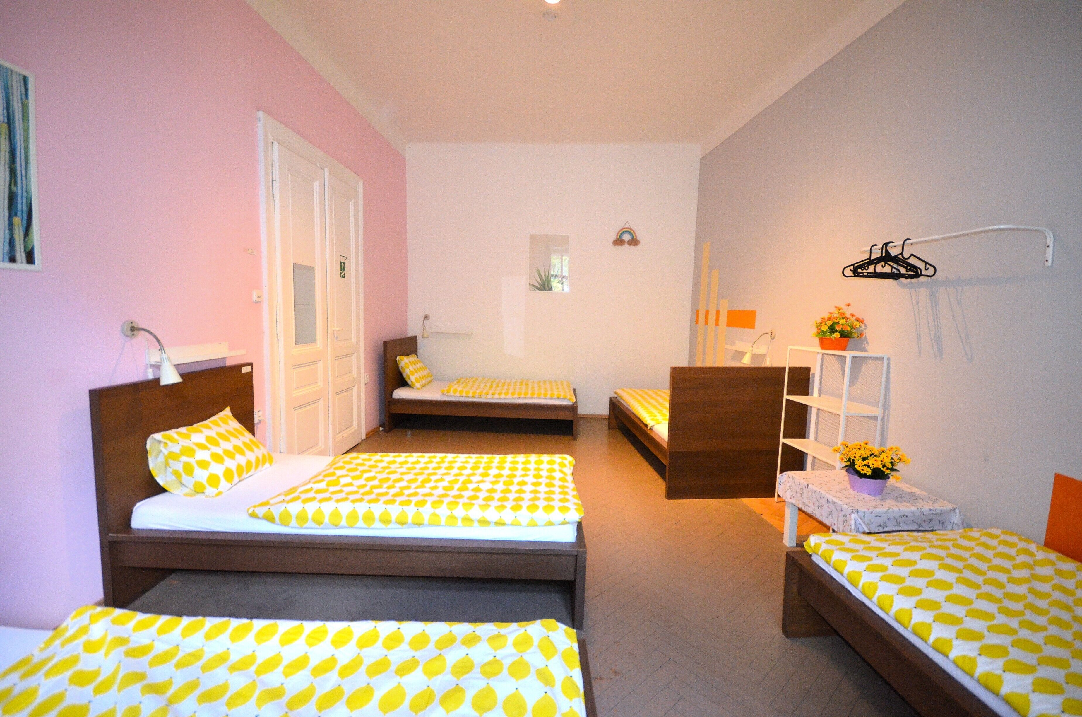 A room with three beds, a small seating area, a shelf with a plant, and a wall-mounted hanger.