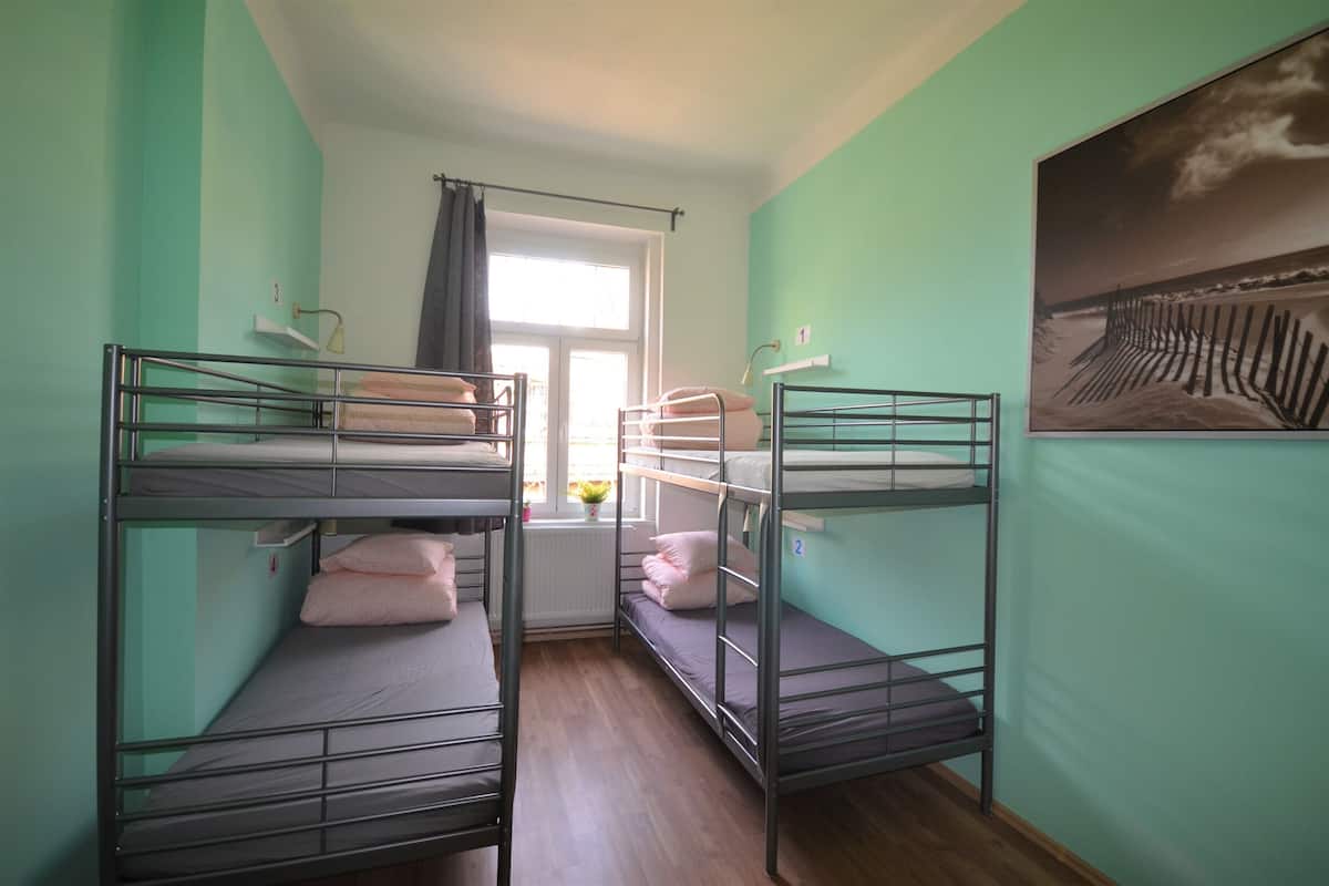 A dormitory room with bunk beds, a window with curtains, a radiator, and a painting on the wall.