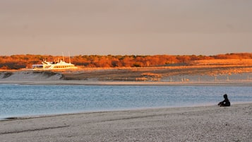 A beach with a boat in the background and a person sitting on the sand.