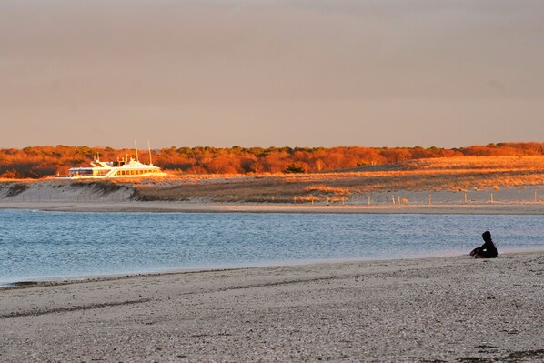 On the beach, sun-loungers, beach umbrellas