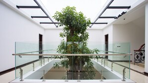Ein modernes Interieur mit einer zentralen Glaswendeltreppe, einer großen Zimmerpflanze und einem minimalistischen Design.