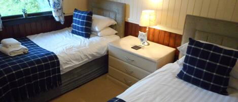 Habitación de hotel con dos camas, cada una con colcha a cuadros azul y blanco, almohadas blancas y cabeceros de madera. Hay una mesita de noche con una lámpara y una pequeña decoración de búho.