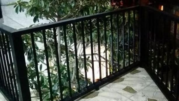 A balcony with a potted plant, a tiled floor, and a railing. - Hotel Petre Palace (Tbilisi)