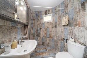 Shower, hair dryer, towels, shampoo