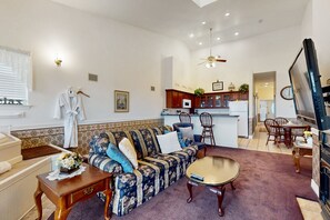 Televisio, takka, DVD-soitin, stereot