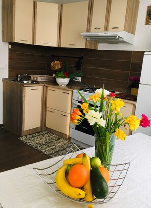 Fridge, microwave, oven, stovetop