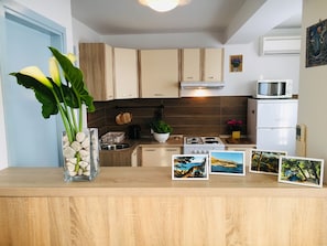 Fridge, microwave, oven, stovetop