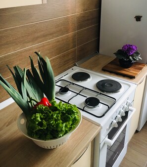 Fridge, microwave, oven, stovetop