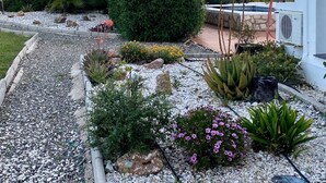 Ein angelegter Garten mit Kiesweg, verschiedenen Pflanzen und einem weißen Gebäude mit einer Pergola.