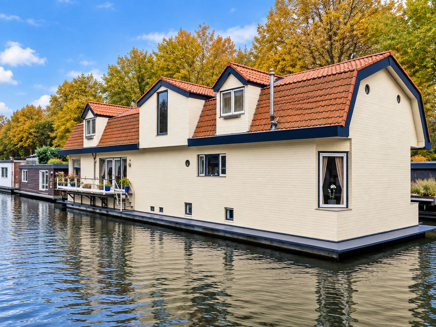A waterfront house with a red-tiled roof, a balcony, and a dock extending into the water.