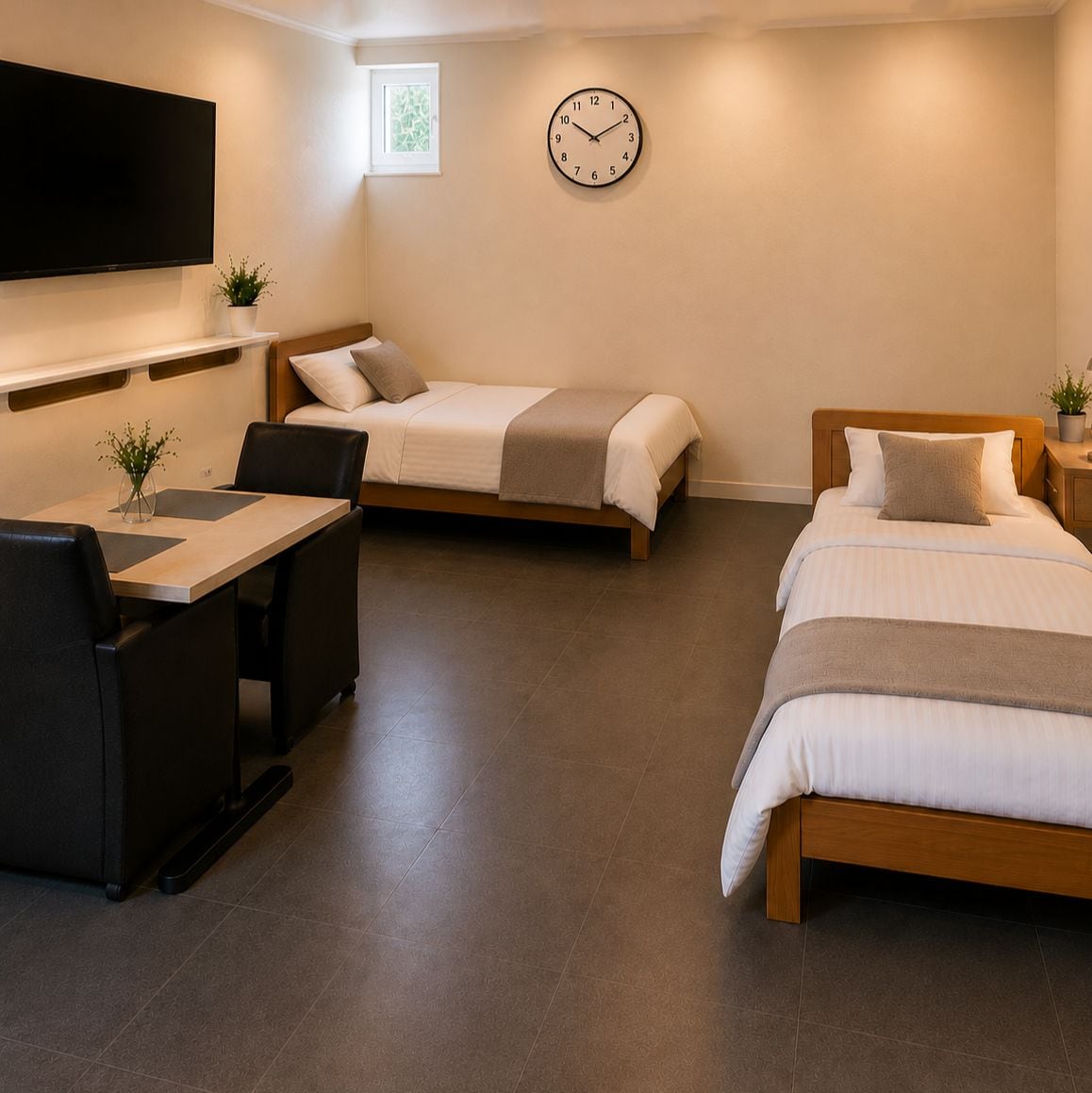 Une chambre d’hôtel moderne équipée d’un lit, d’une table de chevet et d’un téléviseur fixé au mur.