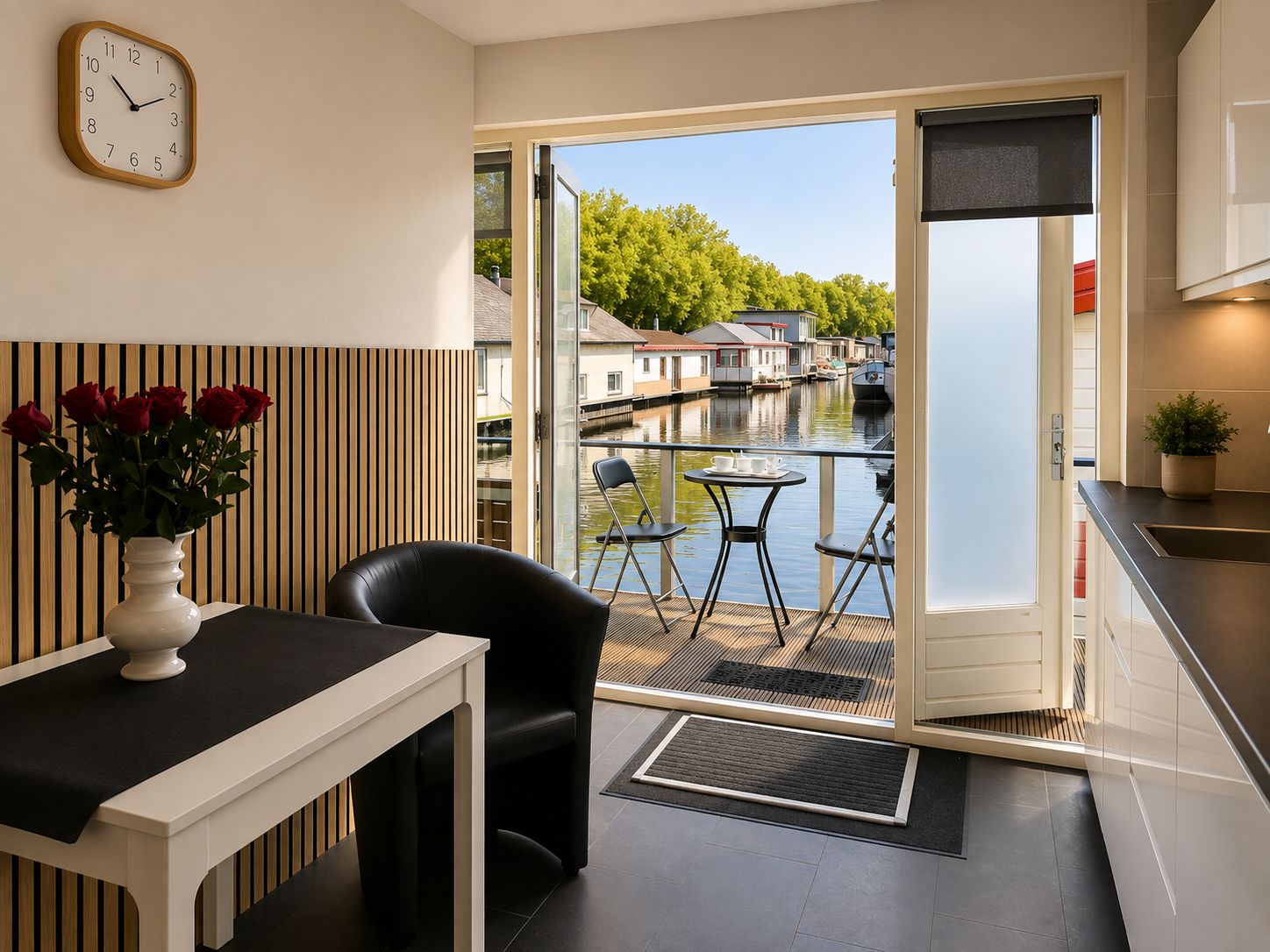 A modern kitchen with a view of a canal and houses.