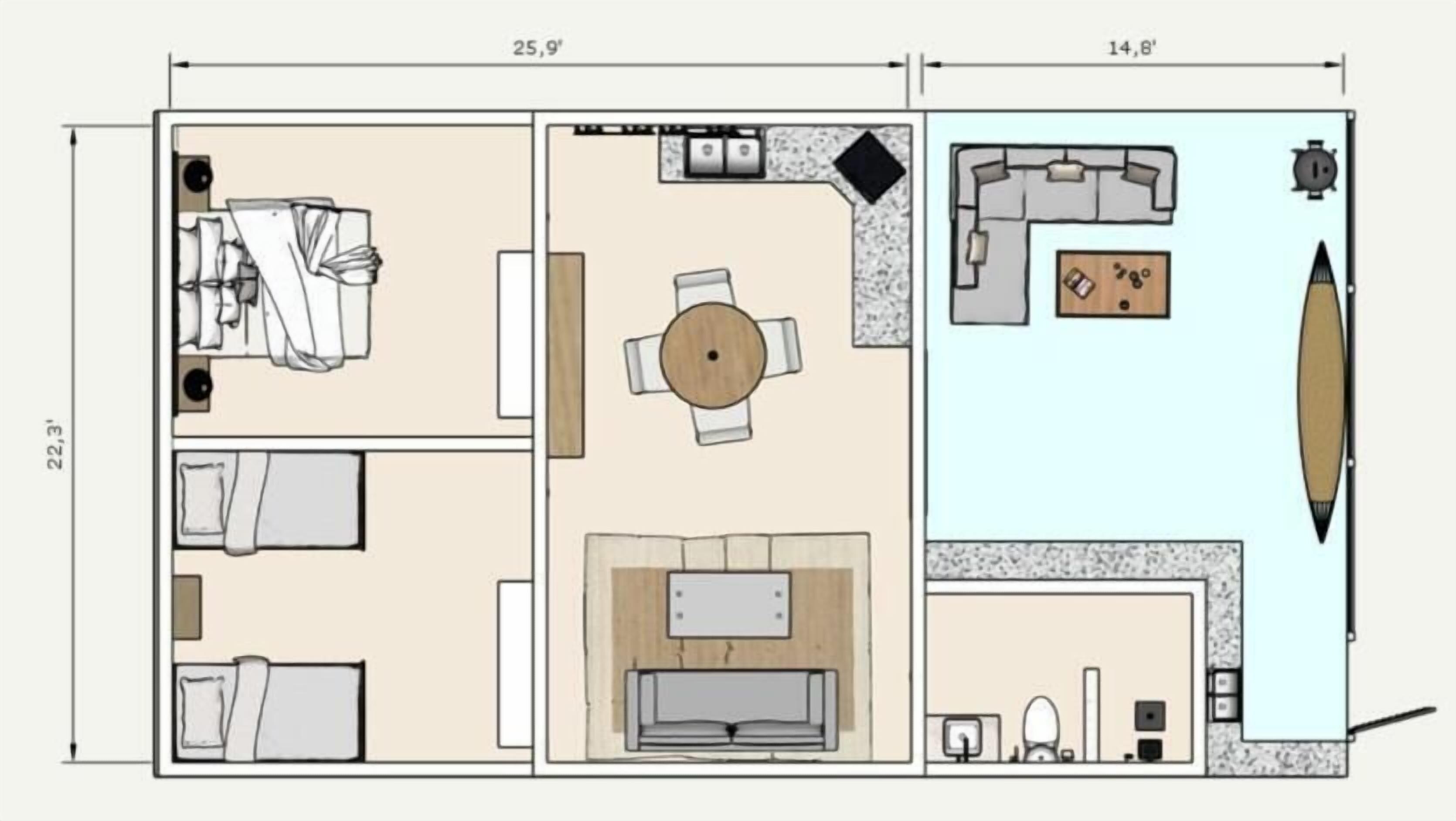 A floor plan of a hotel room with a living area, a dining area, a kitchen, and a bathroom.