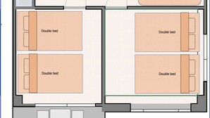 A hotel room layout with a sofa bed, two double beds, a TV, and a washing machine. - V.Close to Shinjuku Kabukicho/Korean Town/FrWIFI A (Shinjuku)
