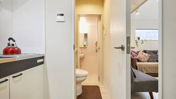 Combined shower/tub, hair dryer, bidet, towels