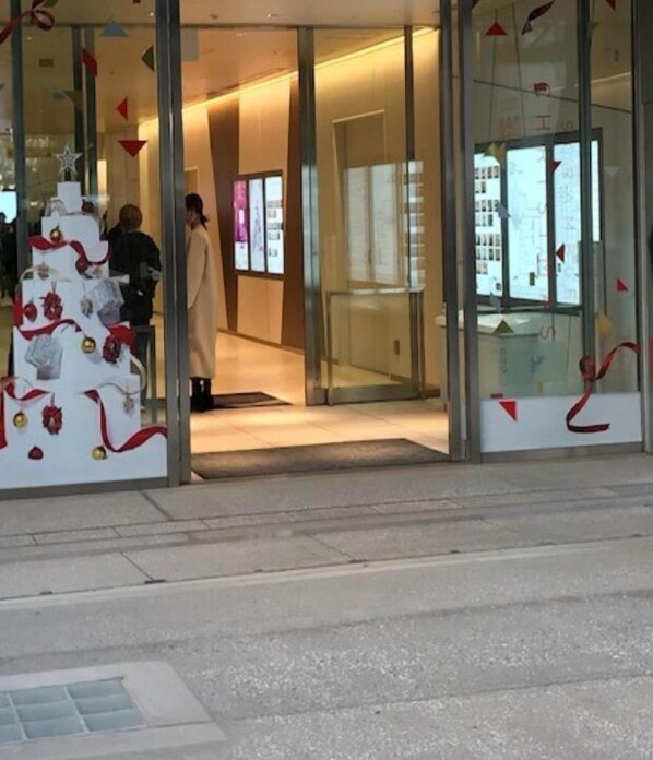 A hotel entrance with a glass facade, a Christmas tree decoration, and a visible elevator.