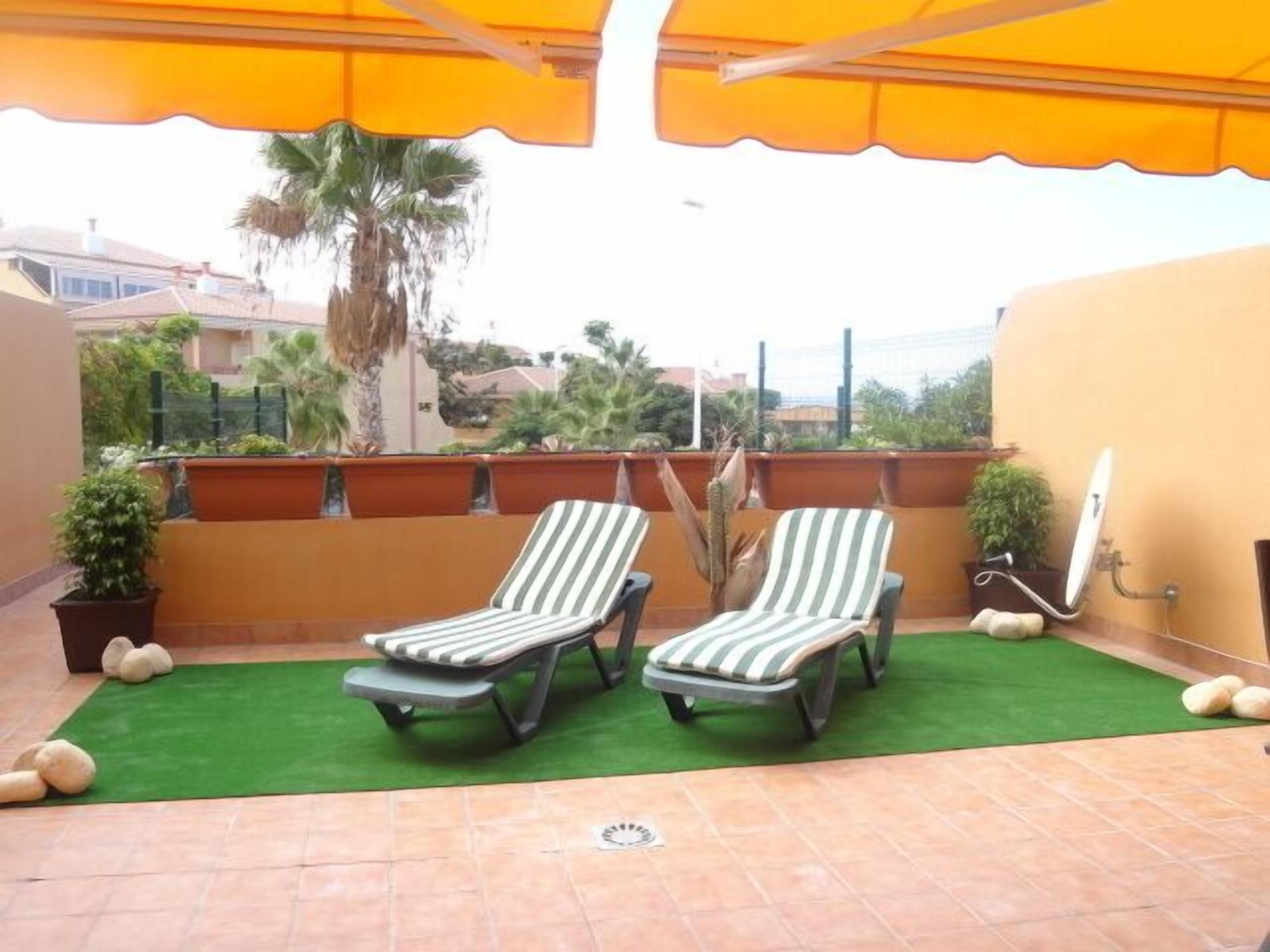 A rooftop terrace with two striped lounge chairs, a small green area rug, and potted plants.