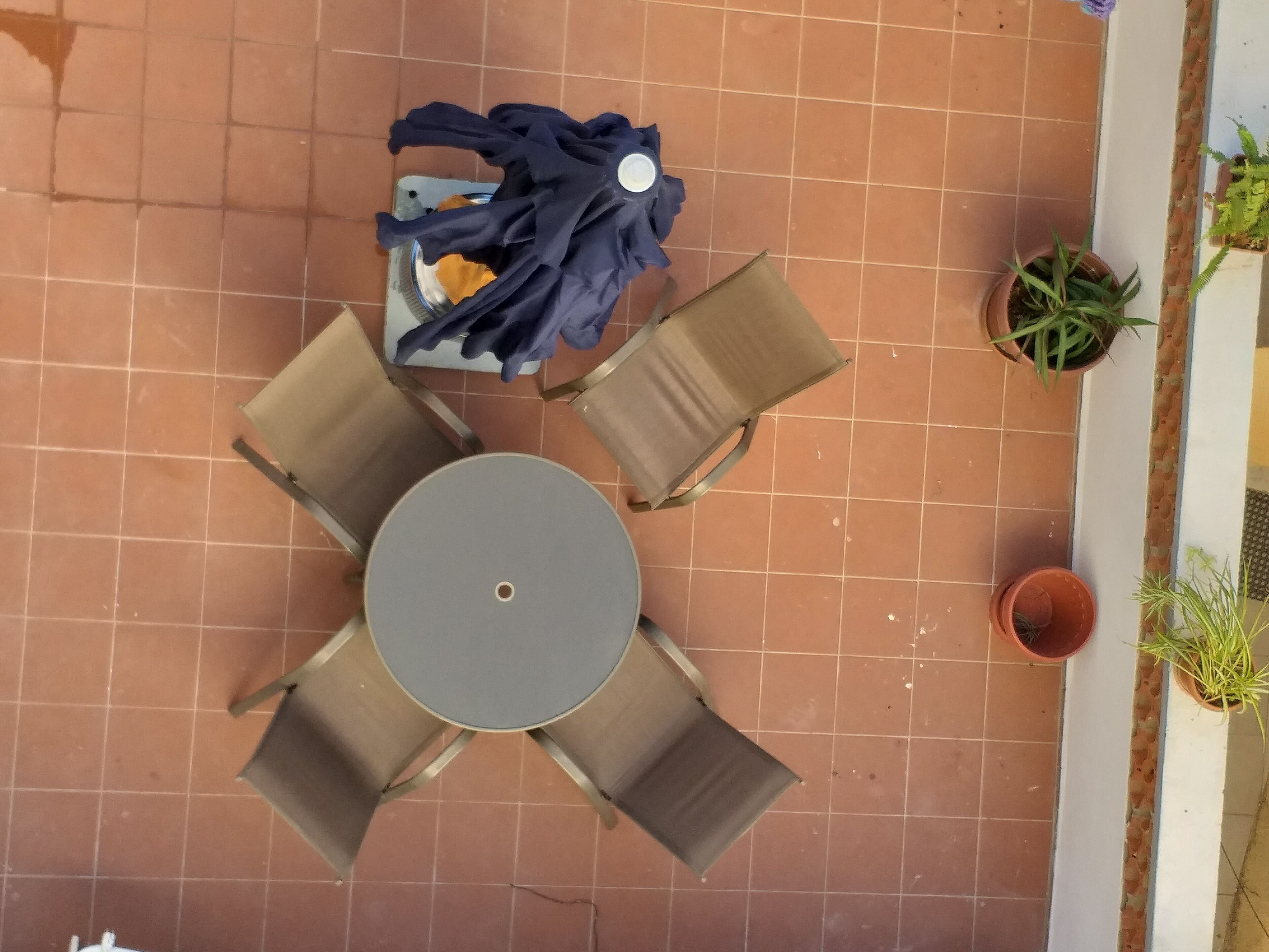 Une terrasse carrelée avec une table ronde et quatre chaises. Des plantes en pot sont disposées sur le côté droit.