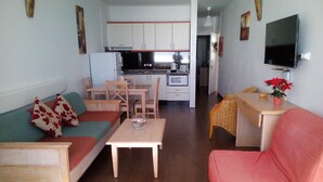 Un espace de vie compact comprenant un canapé, une table à manger, un coin cuisine et un téléviseur.