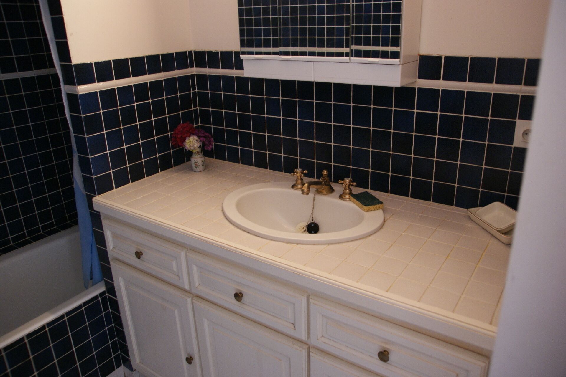 Une salle de bain avec un lavabo blanc, un miroir au-dessus et un mur recouvert de carreaux bleus.