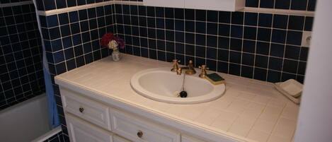Une salle de bain avec un lavabo blanc, un miroir au-dessus et un mur recouvert de carreaux bleus.